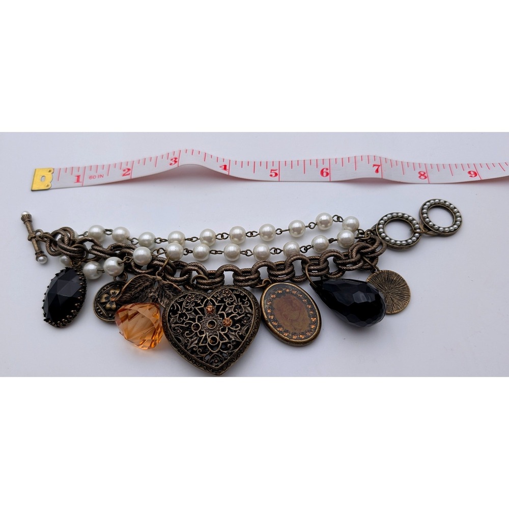 Antique Bronze Tone Faux Pearl Multi Strand Charm Bracelet Heart Cameo Toggle